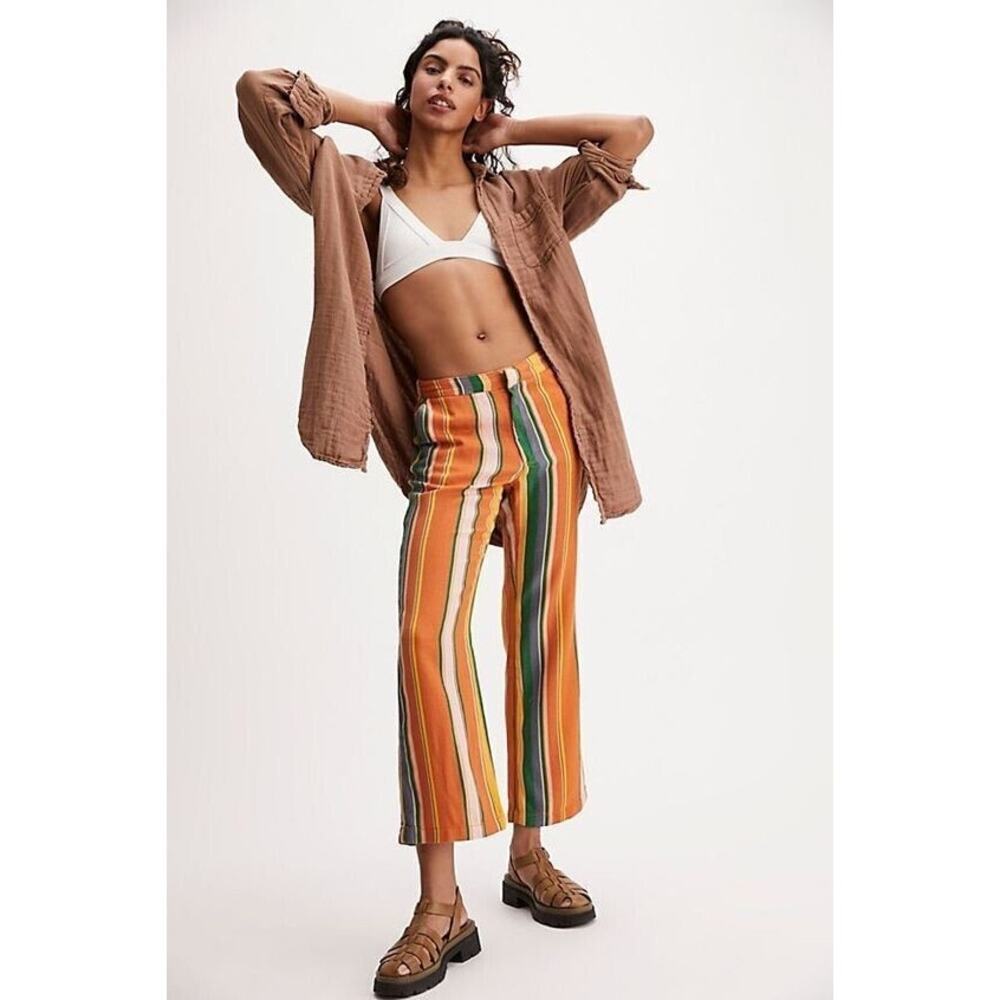 Free People La Paz Multi Color Stripe Boho Preppy Straight Leg Women Pants Y2K